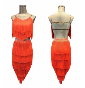 Orange fringe competition latin dance dresses for kids children tassels rumba chacha ballroom performance dance wear for girls